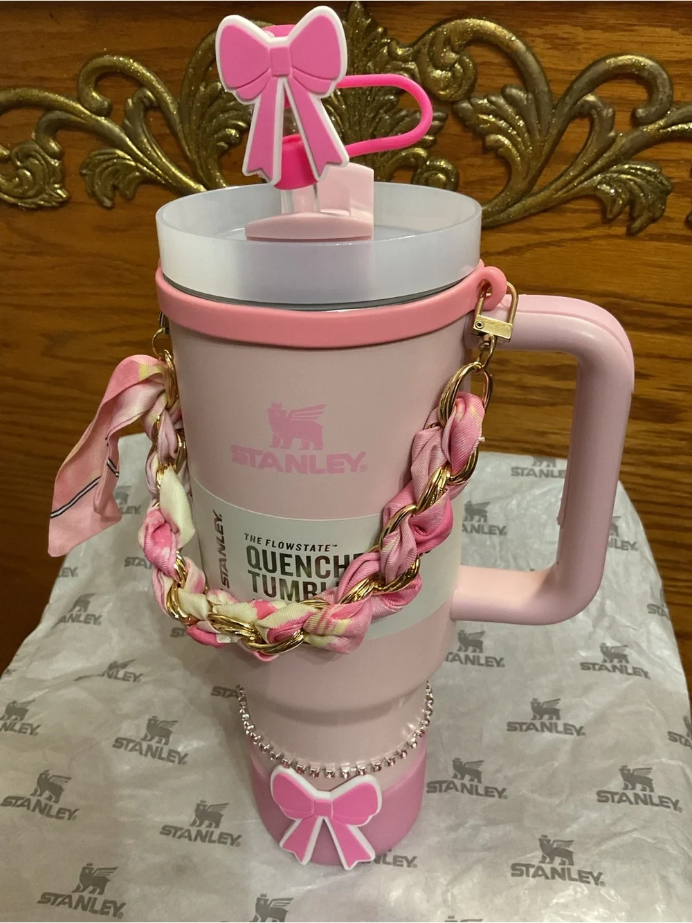 Stanley Pink Kids Quench Tumbler with Bow Charm and Braided Strap